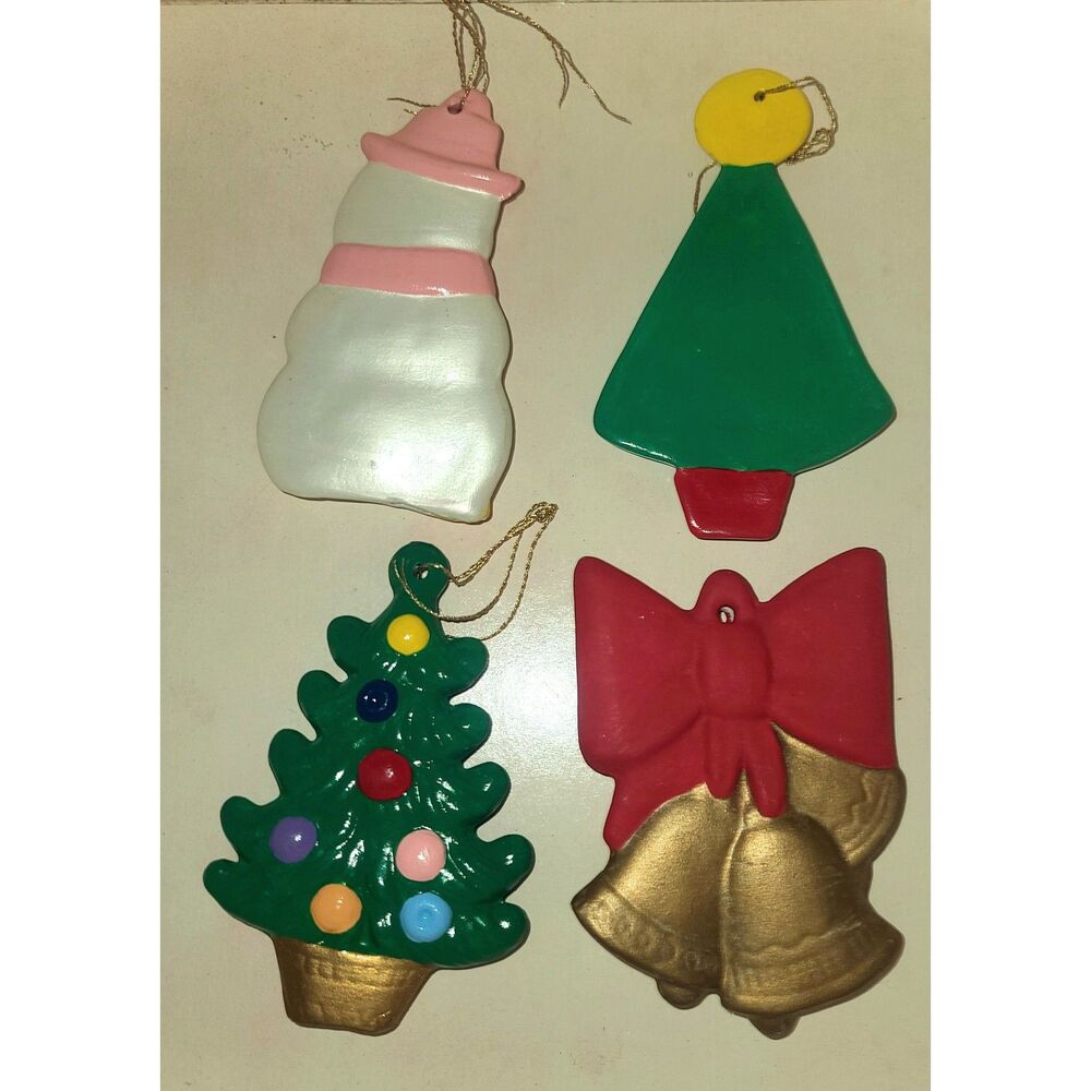 Vintage Flat Handmade‎ Painted Ceramic Christmas Ornaments Lot of 4